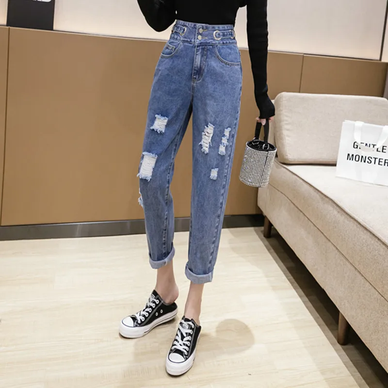 Fashion Vintage Hole Style Jeans Y2k Women Street Indie Loose Straight Pants High Waist 2023 New Spring Autumn Ankle-Length Pant