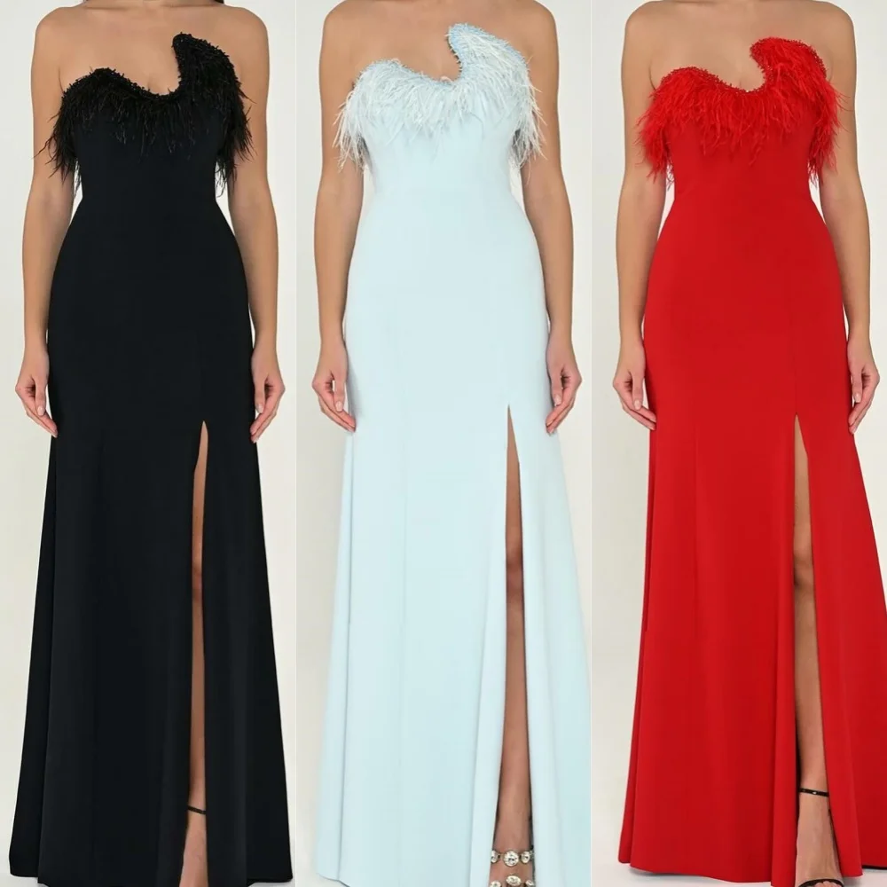 

Jersey Feathers Draped Pleat Beach A-line Strapless Bespoke Occasion Gown Long Dresses