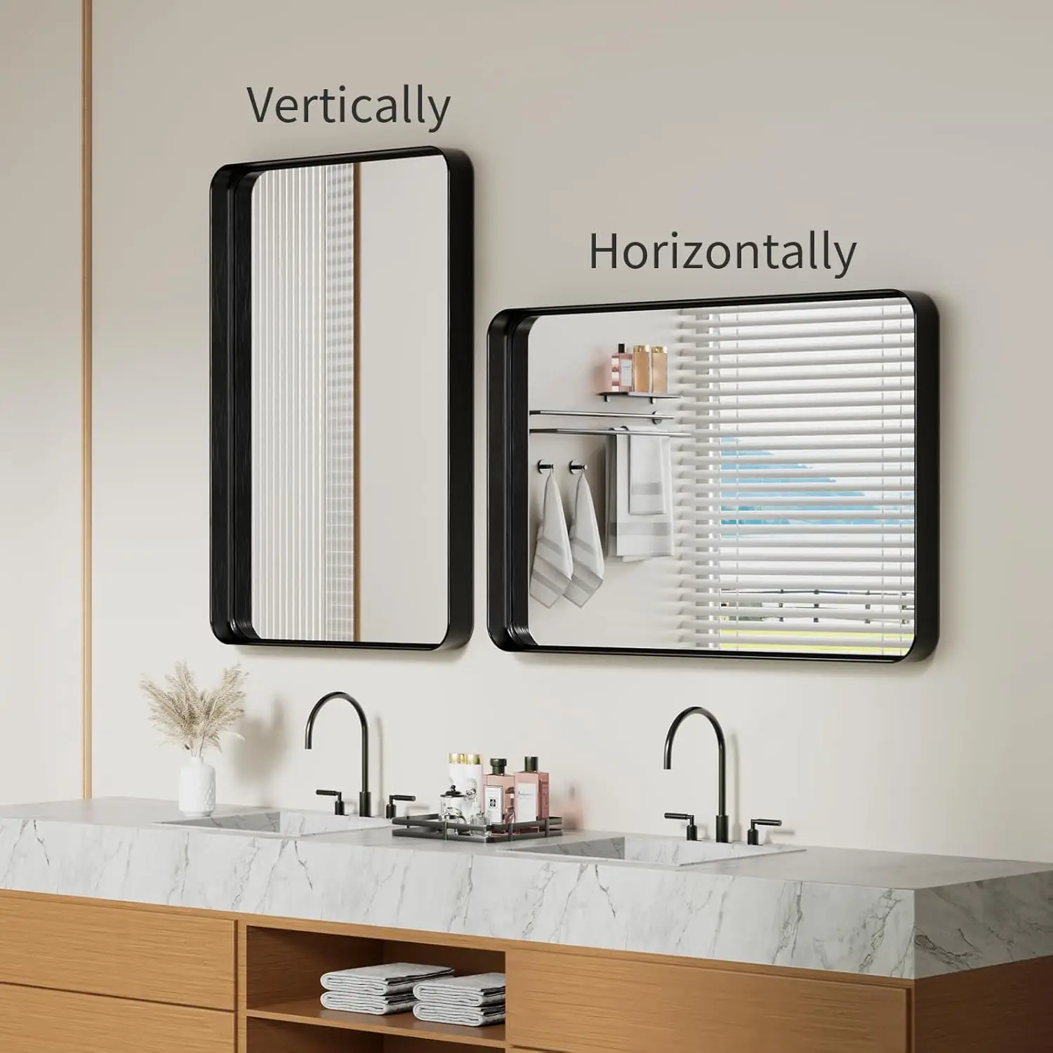 Black Wall Mirror. 24x36". Matte Deep Frame. Rounded Rectangle. Farmhouse Style. Tempered Glass. Anti-Rust. Vertical/Horizontal.