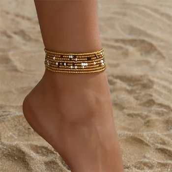 Multilayer Rice Beads Gold Color Anklets For Women 2pcs/Set Bohemian Foot Chains Ankle Bracelet Beach Jewelry Summer Accessories