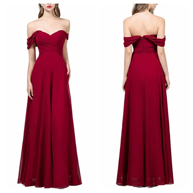 

A Line Chiffon Floor Length Boat Neck Pleat Off Shoulder Bridesmaid Dresses Wedding Party Prom Birthday Evening Cocktail Zipper