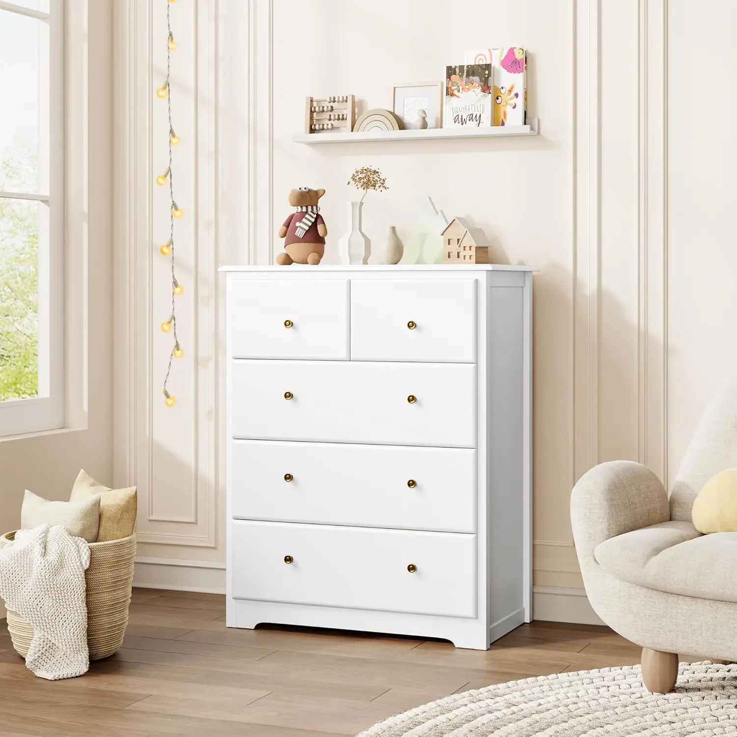 Dresser with 5 Drawers, Tall Chest of Drawers, 5 Drawer with Deep Space, Wood Storage Cabinet fo