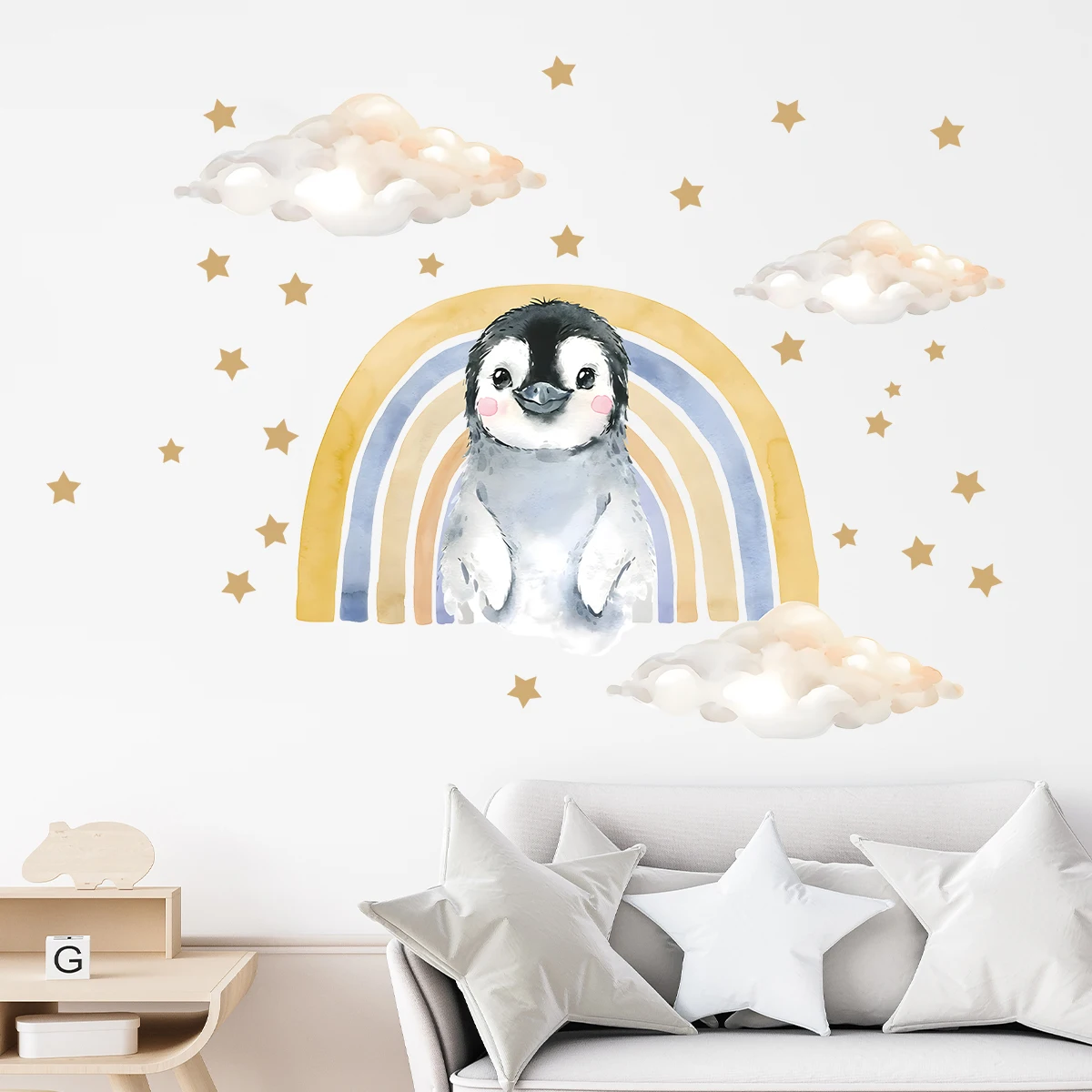 Cartoon Cute Star Rainbow Cloud Penguin Wall Stickers Decoration for Bedroom Wall Decals Kids Room Nursery Home Living Room