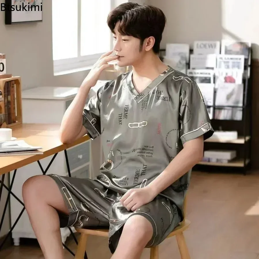 New Men's Summer Silk Pajama Sets Print Short Sleeve Pullover Tops and Shorts Homewear Suit Men Satin Casual Nightwear Sets