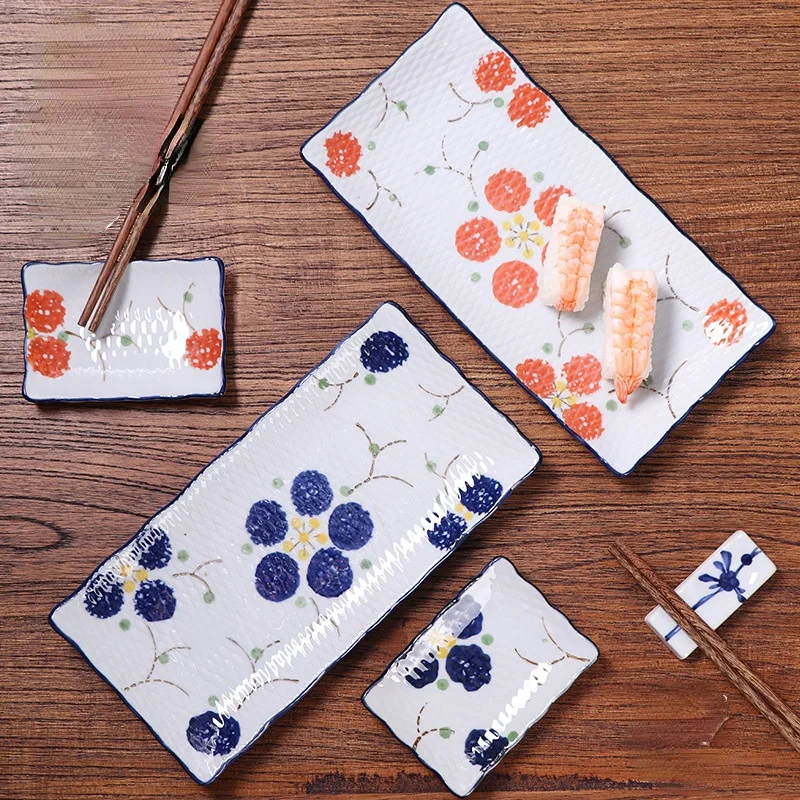 Japanese Ceramic Plate Tableware High Temperature Underglaze Color Hand-painted Long Plate New China Creative Sushi