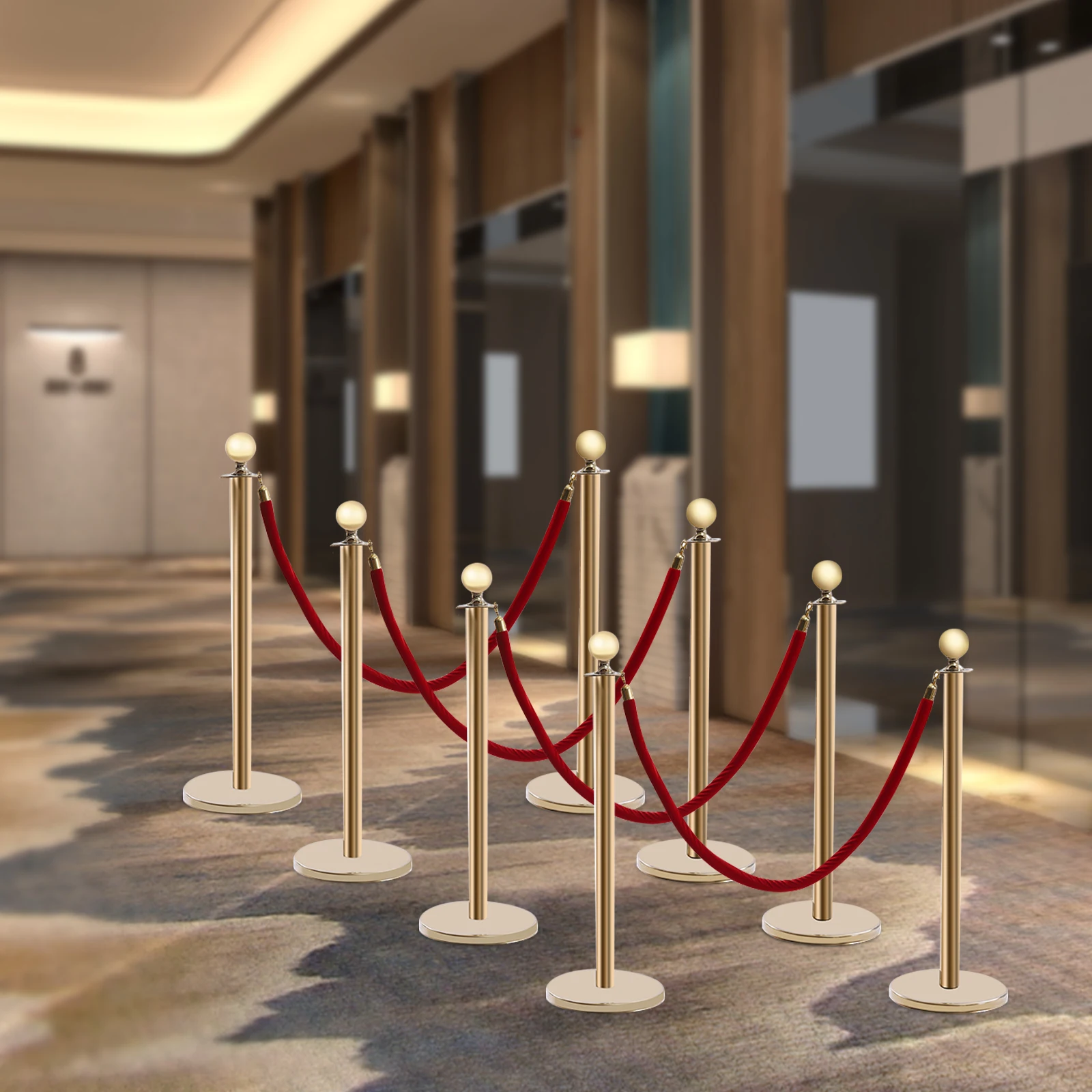 

Set of 8 Pieces Stanchion Set, Stanchion Set with 5 ft/1.5 m Red Velvet Rope, Gold Crowd Control Barrier w Metal Base
