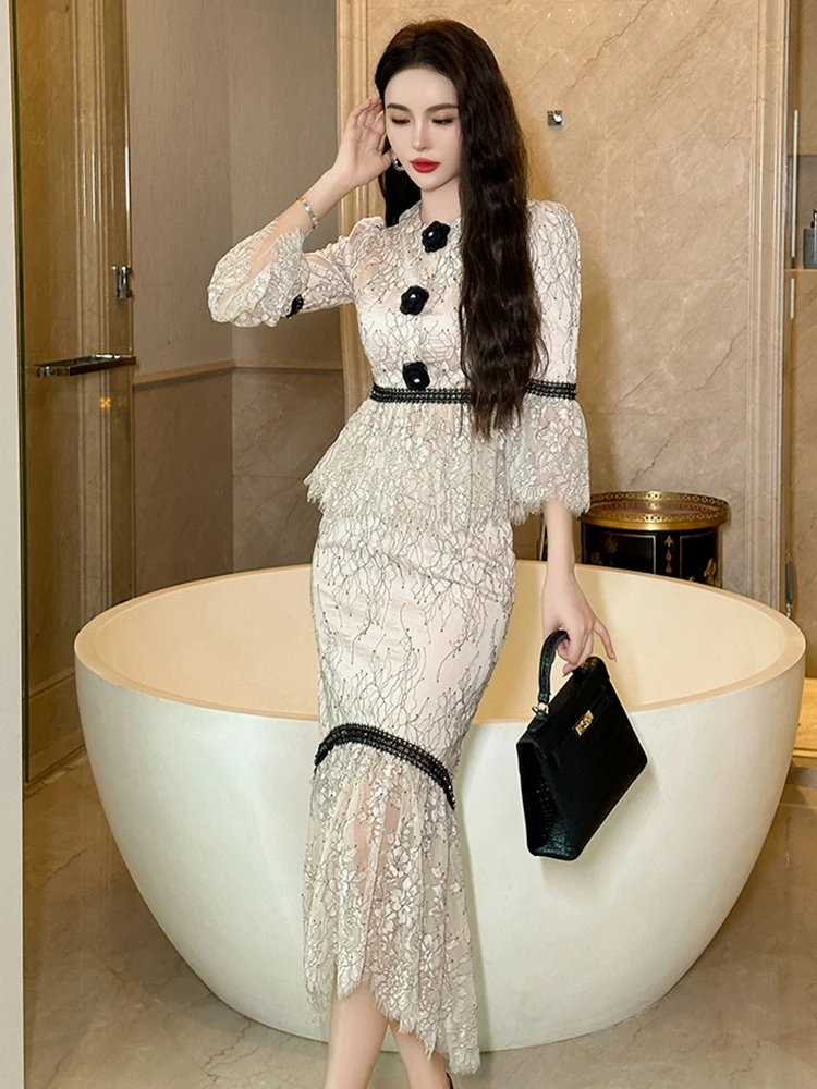 Trendy Formal Lace Pieces Outfits Women Ladies Mujer Elegant