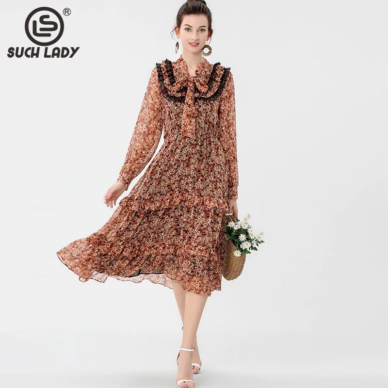 

Women's Runway Dress Lace Up Collar Long Sleeves Lace Patchwork Printed Ruffles Fashion Casual Midi Dresses Vestidos