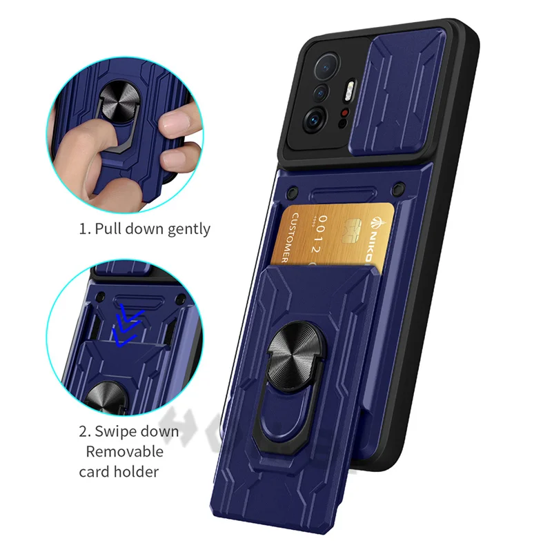 Detachable Card Holder Phone Case For Xiaomi 11T 11 Pro Redmi Note 11 10 Poco X3 Pro Max Slide Stand Kickstand Ring Camera Cover