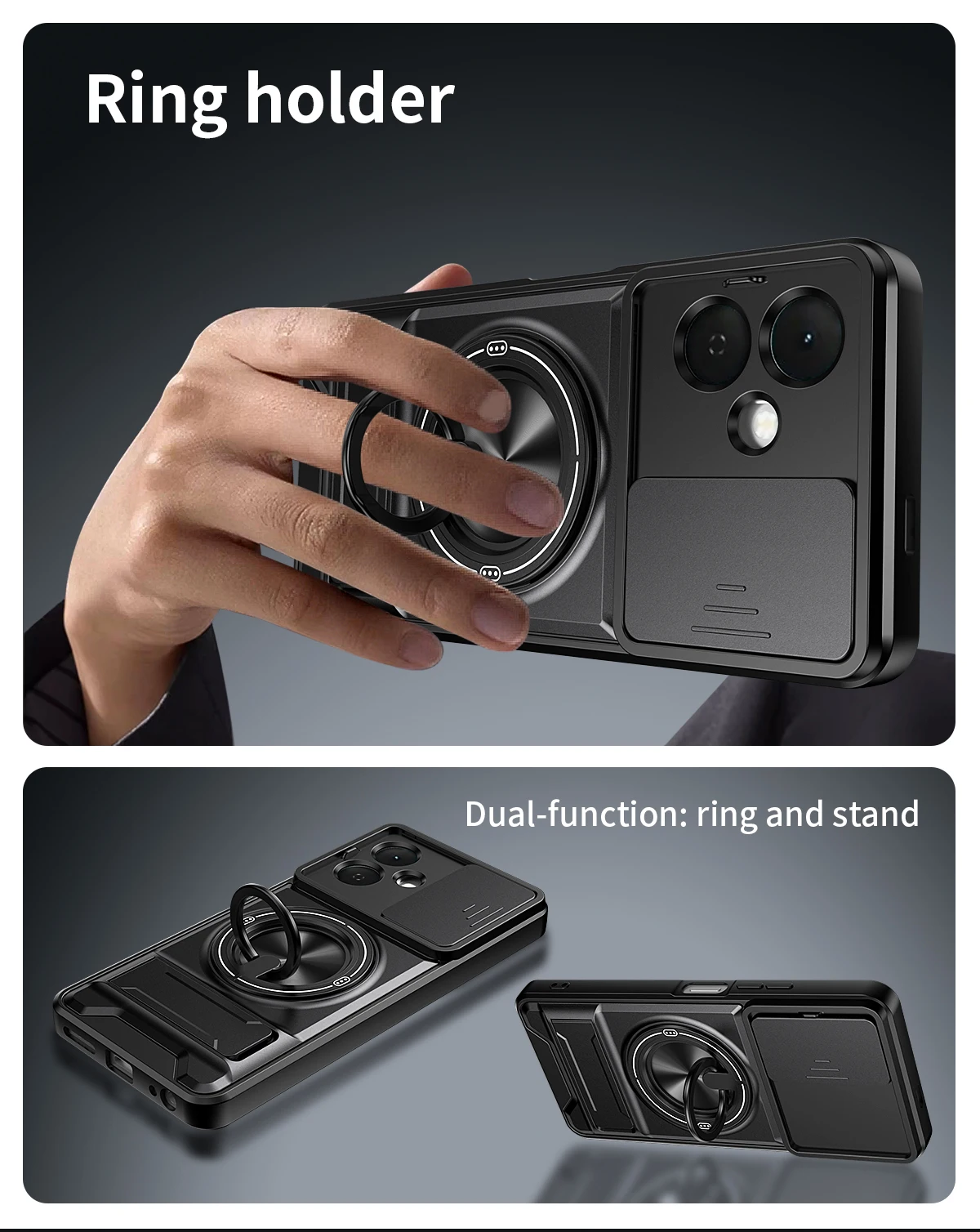 Armor Shockproof Phone Case with Sliding Camera Cap and Built-in Magnet Ring Kickstand