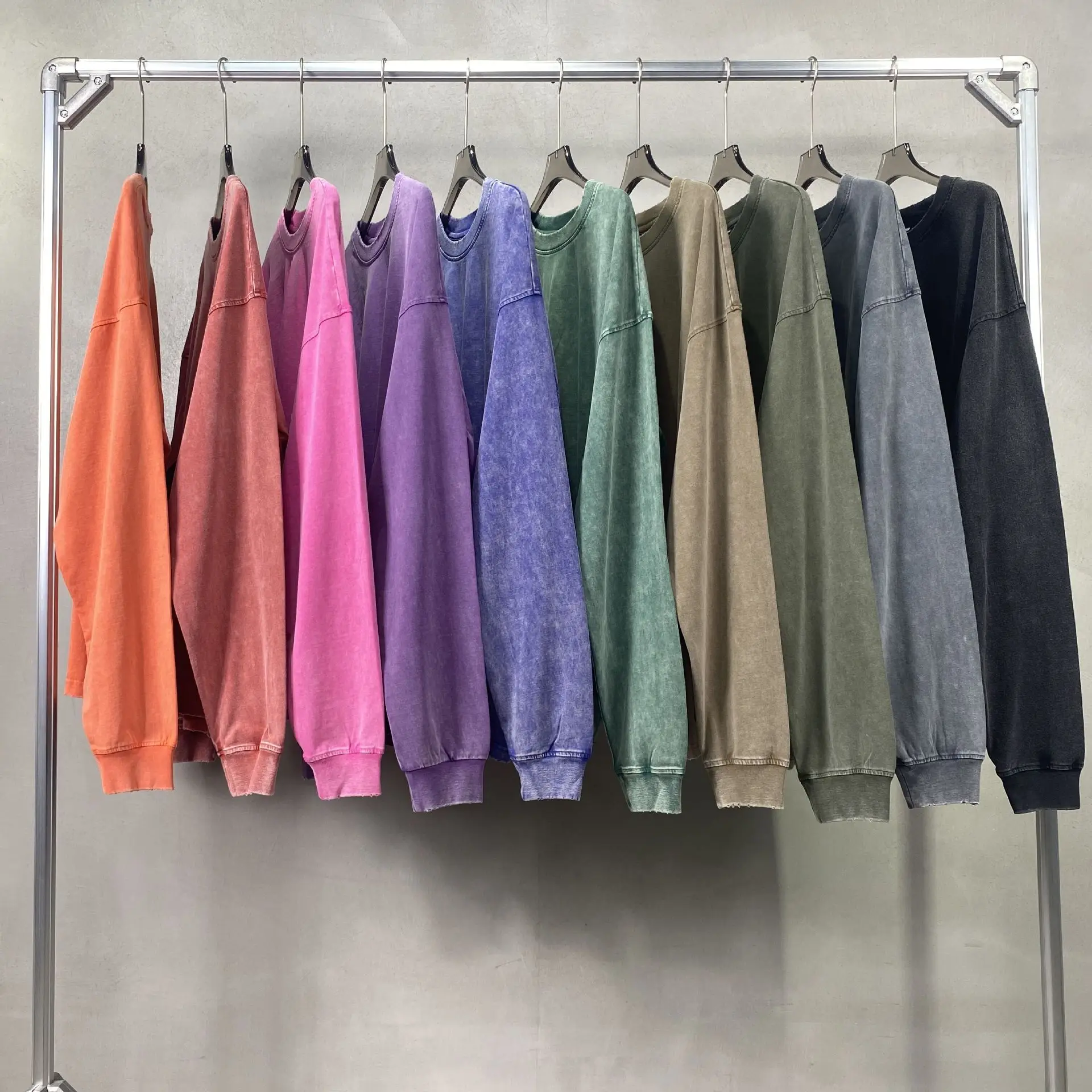 

2023 Autumn Winter Fashion Quanlity Vintage Wax Wash Cotton Long Sleeve T-shirt Men's Women O-Neck Couple Tops Tee Sweatershirt