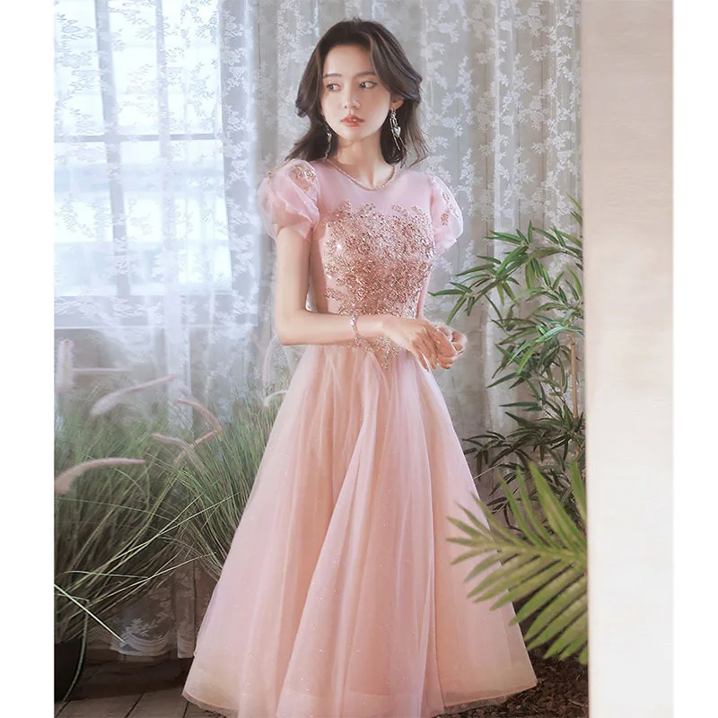 french-style-pink-tulle-quinceanera-dress-women-o-neck-puff-sleeve-bow-bandage-evening-dresses-exquisite-sweet-prom-gown