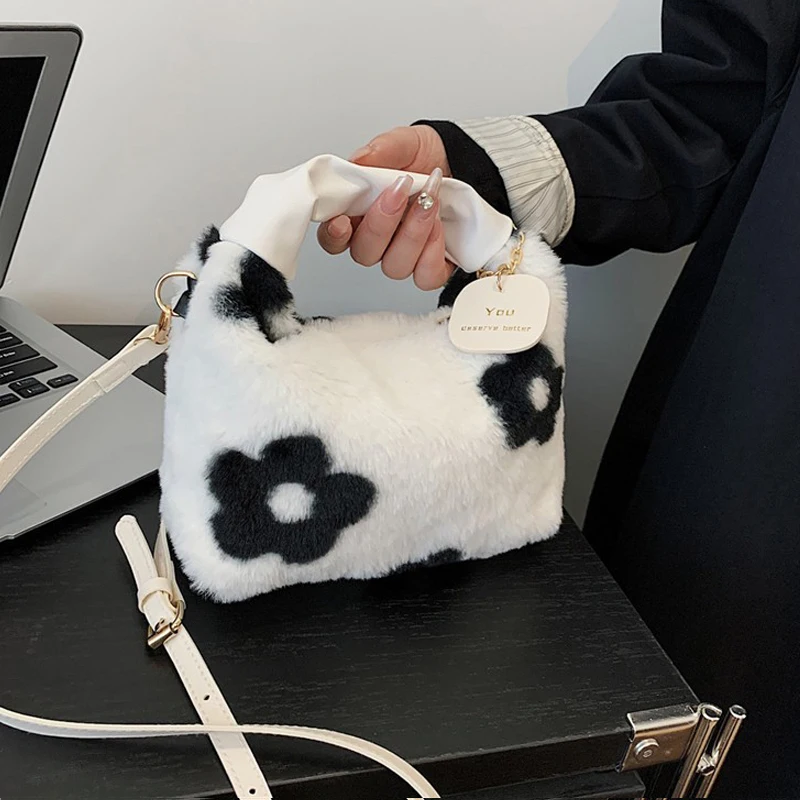 Women Faux Fur Plush Handbags Ruched Handle Small Lady Shoulder Crossbody Bag Casual Tote Half-Moon Hobos Winter Bags for Women