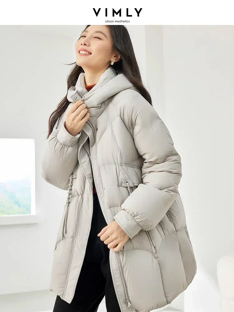 Vimly Winter White Duck Down Puffer Jacket Women Grey Stand Collar Hooded Zipper Long Coat 2023 Thick Warm Outerwear Woman 50718
