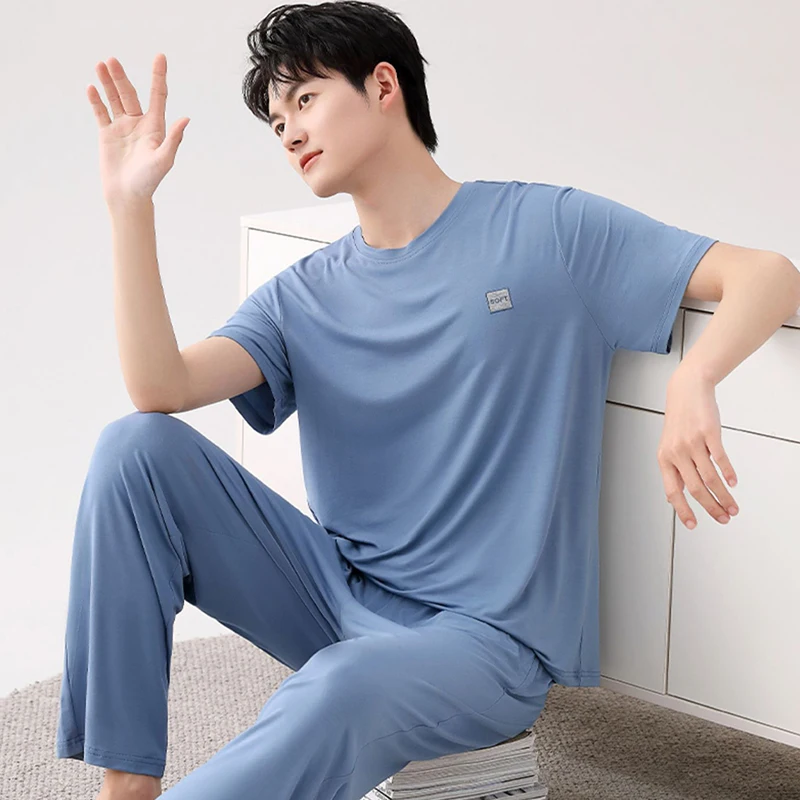 남성용 한국 패션 홈웨어 여름 모달 부드럽고 시원한 파자마 세트 반팔 긴 바지 라운지웨어 큰 사이즈 L-5XL 나이트웨어