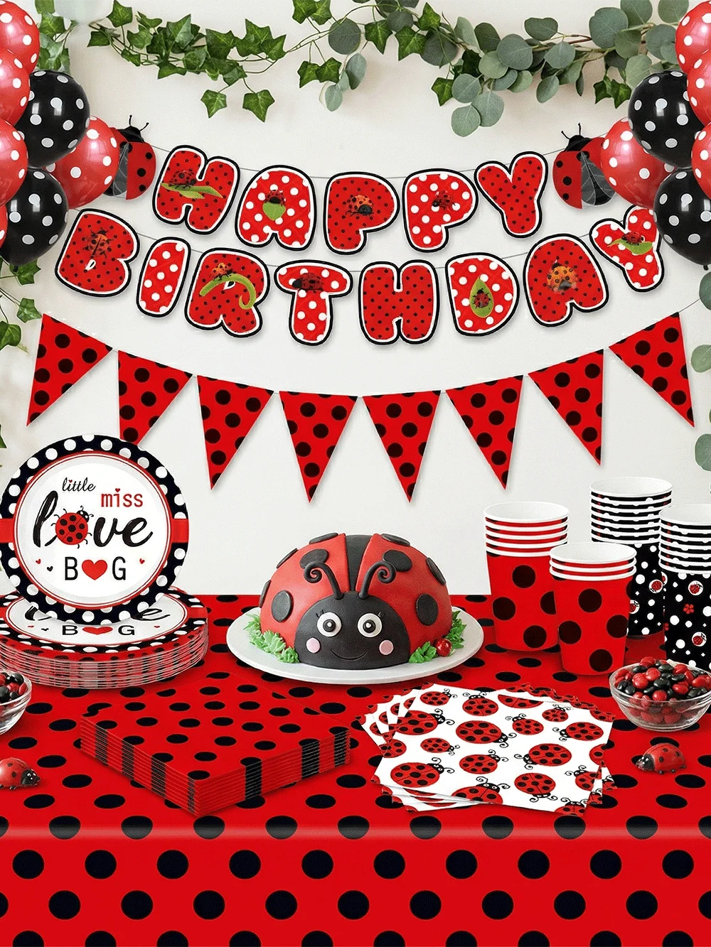 Rot-Schwarze Polka-Dot Partyartikel Marienkäfer-Thema Tischgeschirr Teller Becher Servietten Ballon Kinder Mädchen Geburtstagsdekoration Babyparty – Detail 4