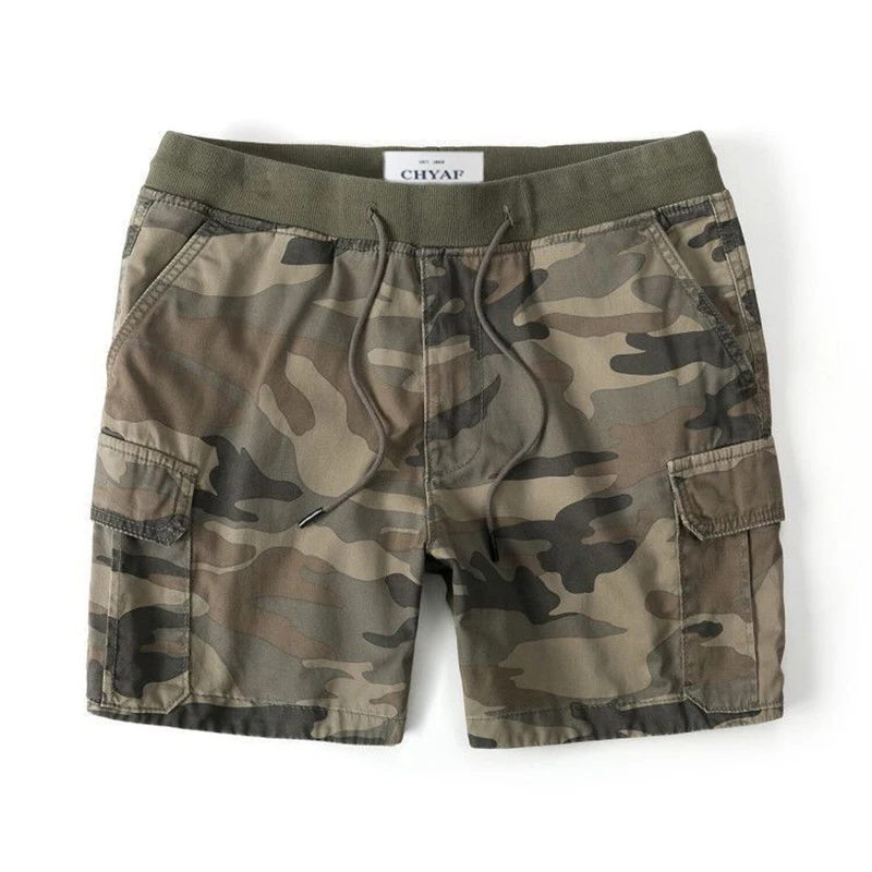 Men Summer Cargo Shorts Pants Elastic Waist Camouflage Shorts Multi-Pockets Casaul Straight Cut Drawstring Trendy Beach Shorts 5