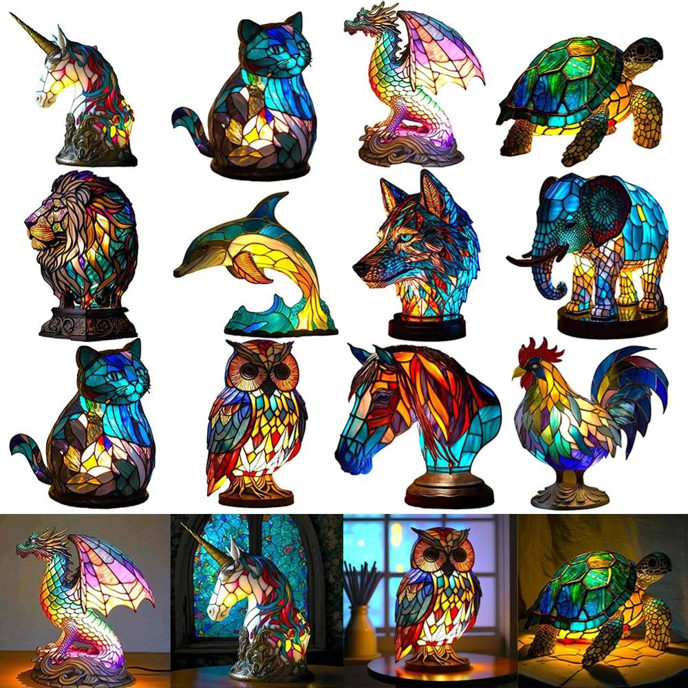 Resin Stained Glass Animal Table Lamp resin table lamp For Living Room Home Bedroom Decoration