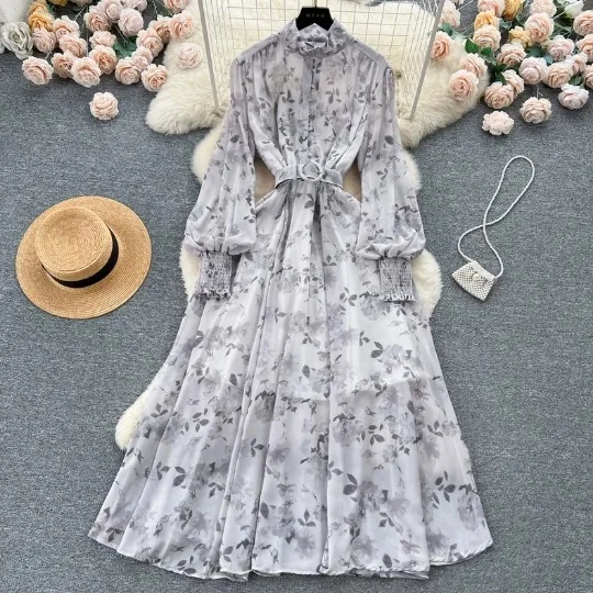 

2024 French Style Standing Neck Slim Fit Long Swing Chiffon Dress Bubble Sleeves Fragmented Flower Holiday Muslim Dress Women