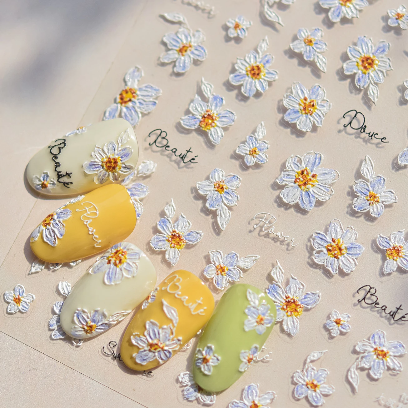 Flowers in Bloom Cosmos Chrysanthemum Daisy White Petal Yellow Stamen Self Adhesive Nail Art Decorations Sticker Manicure Decals