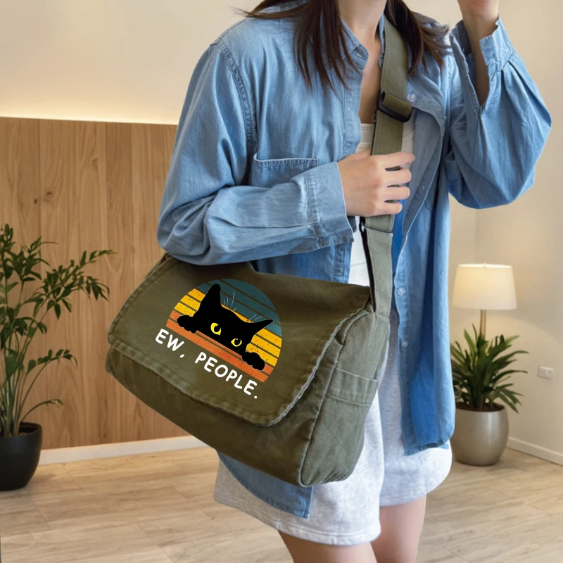 Playful Twist Shoulder Bag Unisex Cat Print Canvas Messenger Bag Retro Women's Crossbody Bag Laptop Bag Commuting