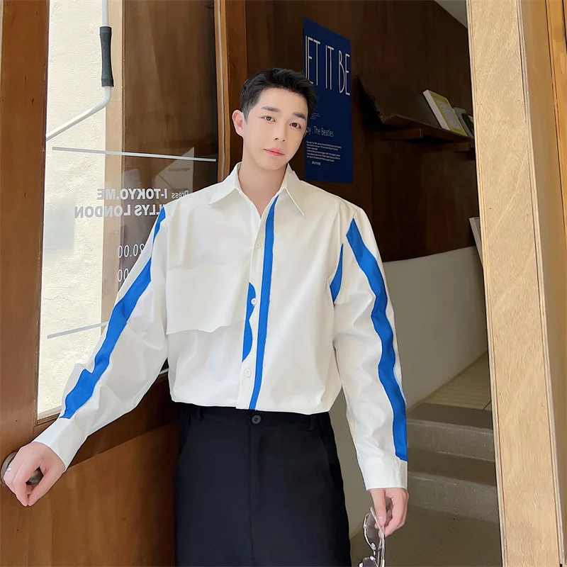 

Мужская свободная рубашка с отложным воротником, Повседневная рубашка контрастных цветов с длинными рукавами, модель F228 в Корейском стиле на весну и осень, 2024