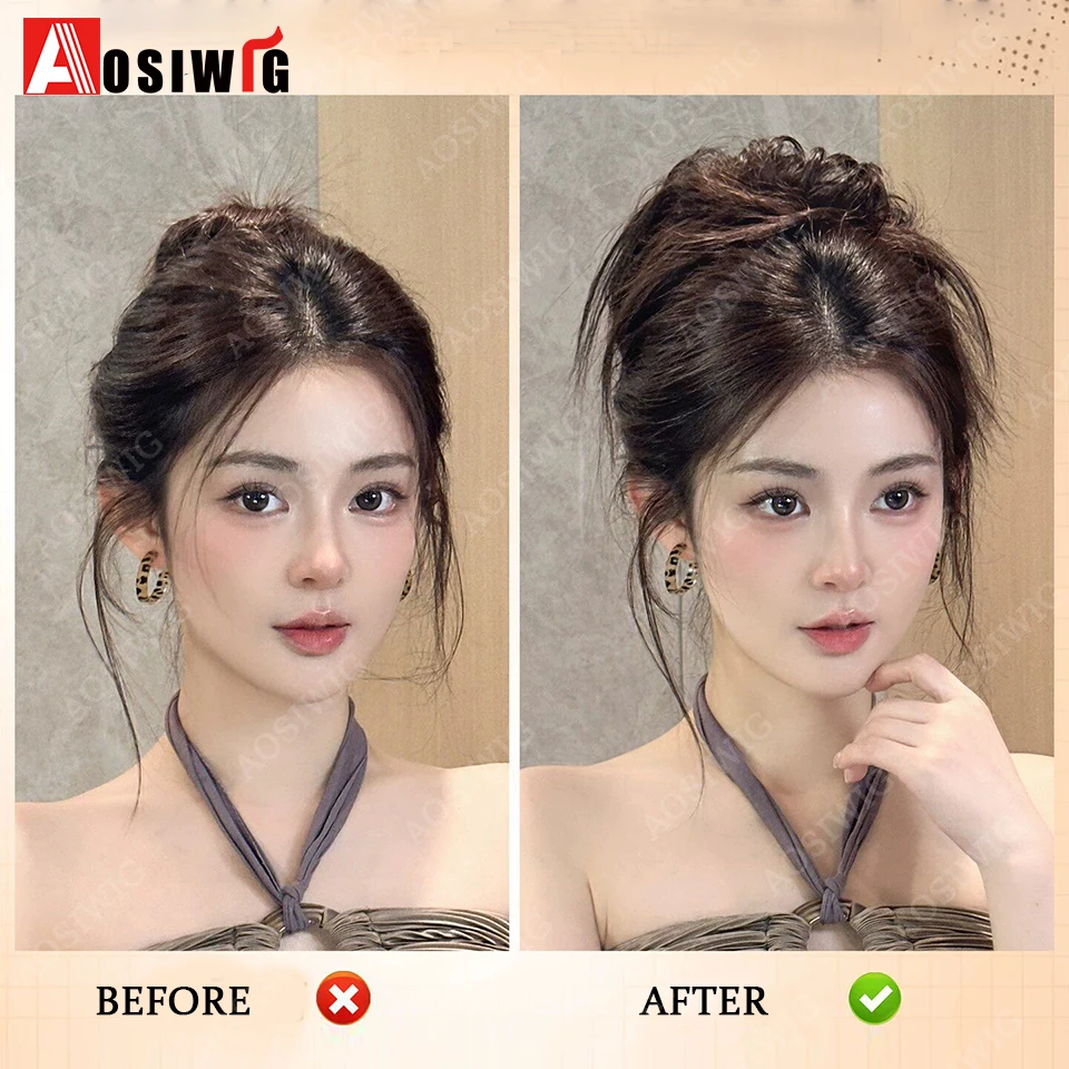 합성 메시 번 시뇽 헤어피스 Y2K 헤어 번 브라운 탄성 가발 고무줄 푹신한 포니테일 헤어 익스텐션