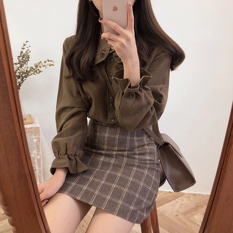 기본 셔츠 블라우스 뜨거운 판매 2019 여성 패션 디자인 한국어 프레피 스타일 플레어 슬리브 피터팬 칼라 화이트 버튼 셔츠