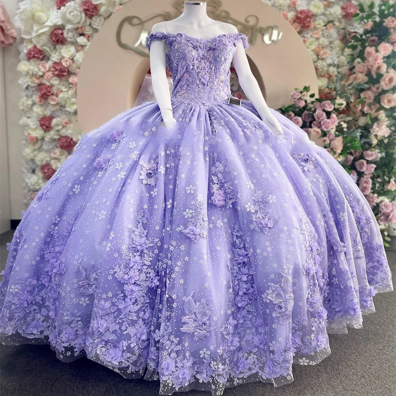 

Lavender Quinceanera Dress Off Shoulder Appliques Flower Floral Lace Beading Tull Ball Gown Corset Sweet 16 Vestidos De 15 Años