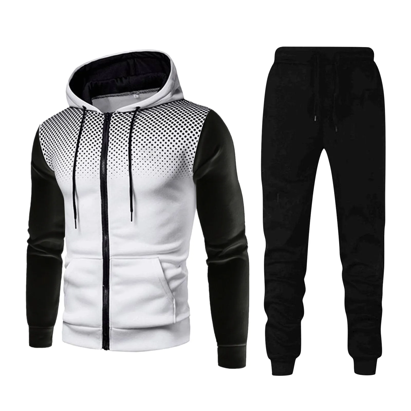 

Men Polka Dot Hoodie-Set Hooded Sweatpants Korean 2-Pieces Sweetshirts Sportswear Top Casual Jumper Zipper Hoody Sudaderas