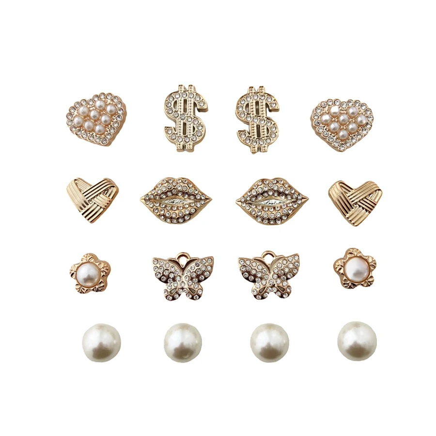 16pcs Luxury Faux Diamond Golden Shoe Decoration Charms Pins Suitable For Clogs Crocs Bogg Beach Bag Sandals Gift For Girls