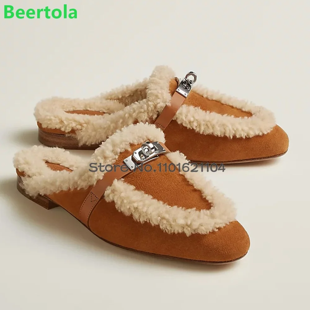 Fur Round Toe Metal Buckle Luxury Design Slippers For Female Women 2023 New Flat With Autumn And Winter Outisde Mules Shoes