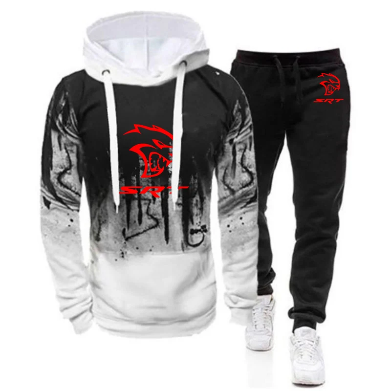 

SRT Hellcat 2023 Men's New Tracksuits Gradient Color Hooded Hoodie + Casual Printing Sweatpant Leisure Harajuku Sportwear Suits