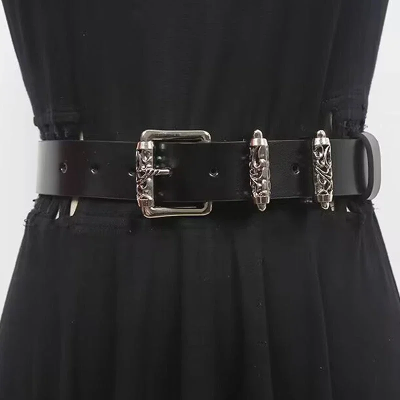 

Fashion Pu Belt for Women Alloy Engraved Rollers Hollow Crowe Pin Buckle Waist Strap Punk High Street Unisex Decor Waistband