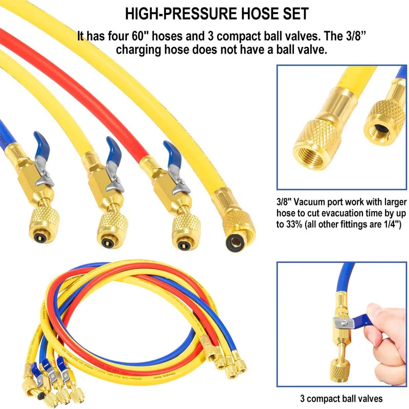 49968 4-Valve A/C Manifold Gauge Set With Hoses & Ball Valves - For R-22, R-404A, R-410A Refrigerant