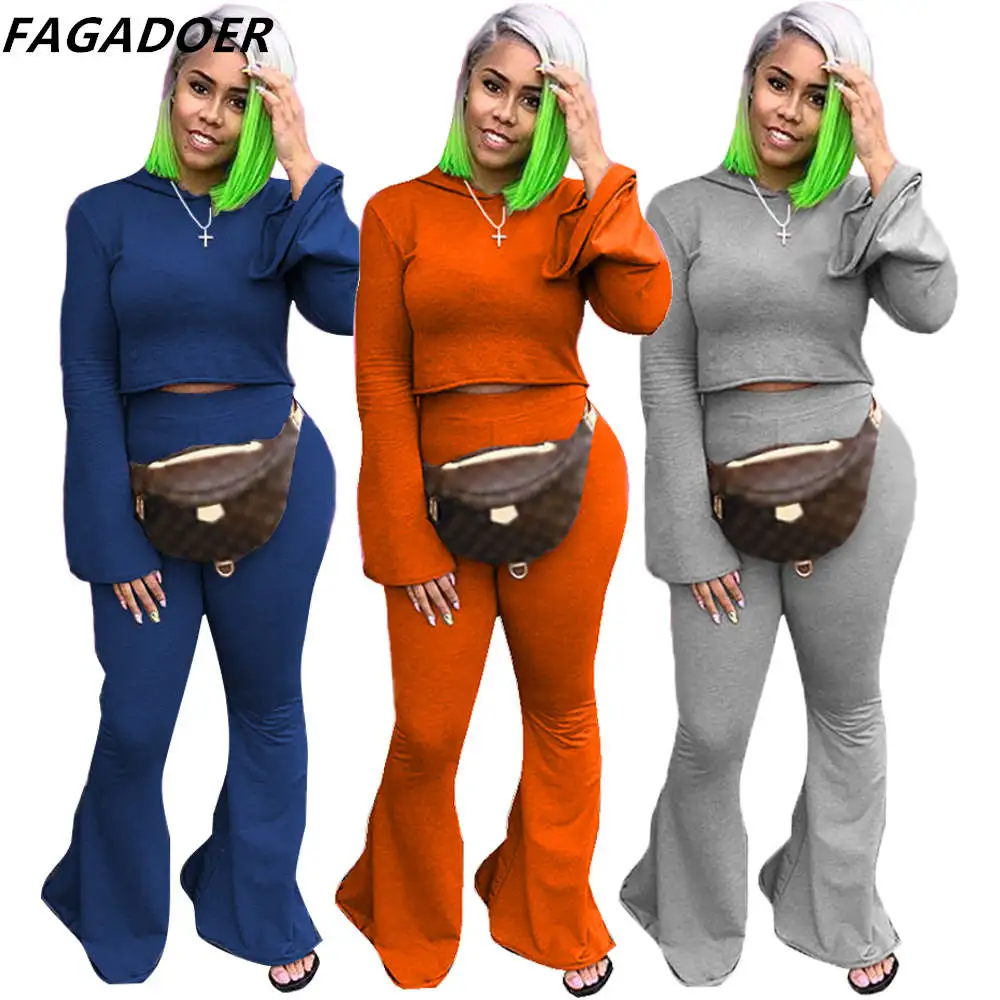 

Модные однотонные брюки-клеш FAGADOER, спортивные костюмы, женский укороченный топ с капюшоном и длинными рукавами + брюки, комплект из двух предметов, повседневная одежда из 2 предметов