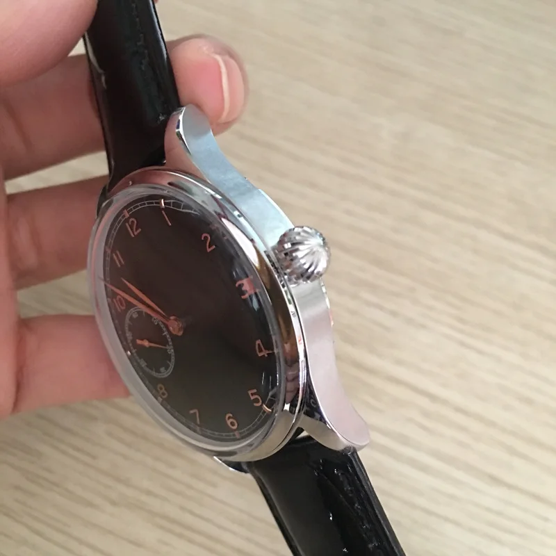 Luxury Watch Mechanical 3600 Hand Wind Movement Sub-seconds Man Watch Black Leather Strap Pin Buckle Clock Portg Style