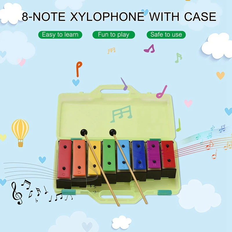 

1Set 8-Note Xylophone Colorful Glockenspiel Rainbow Color Metal Plates Resonator With Plastic Mallets Green Case