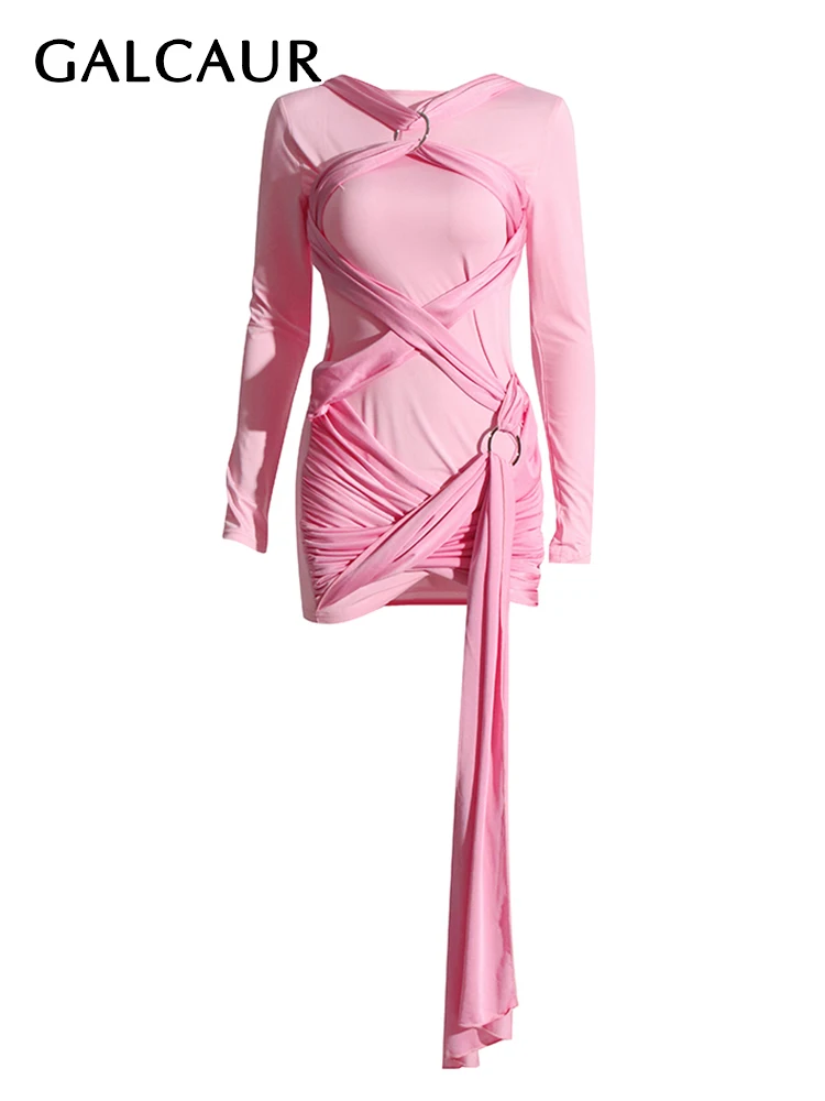 

GALCAUR Solid Slimming Mini Dresses For Women Round Neck Long Sleeve High Waist Elegant Temperament Crisscross Dress Female New