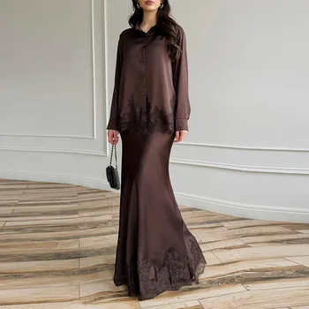 Elegant Women's Brown Satin 2 Piece Set Lace Trim Button Down Shirt + High Waist Mermaid Maxi Skirt Elegant Formal Evening Wear 1
