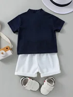 Ensemble de vêtements pour bébé garçon, 2 pièces, T-shirt blanc à manches courtes et Short, tenue décontractée quotidienne d'été pour tout-petits 2