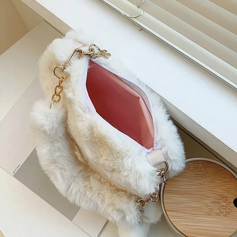 Faux Fur Heart-shaped Women Small Handbags Fluffy Plush Ladies Chain Shoulder Bag Female Furry Daily Clutch Purse