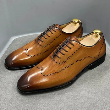Mens Size 7-12 Oxford Shoes Wingtip Genuine Calf Leather Luxury Lace-Up Business Office Brogue Dress Shoes for Men 1