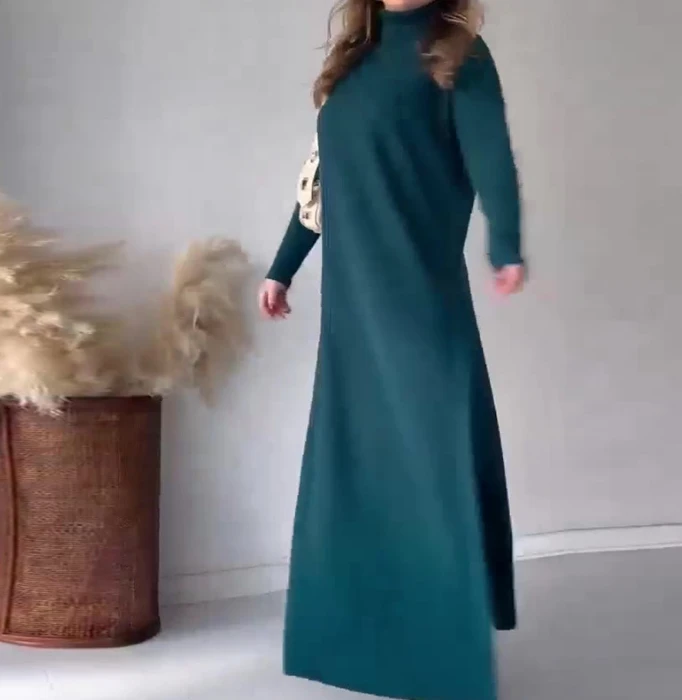 Elegant Two Piece Set for Women 2024 Autumn Solid Color High Neck Side Slit Over Knee Knitted Sweater Dress + Wide Leg Pants Set