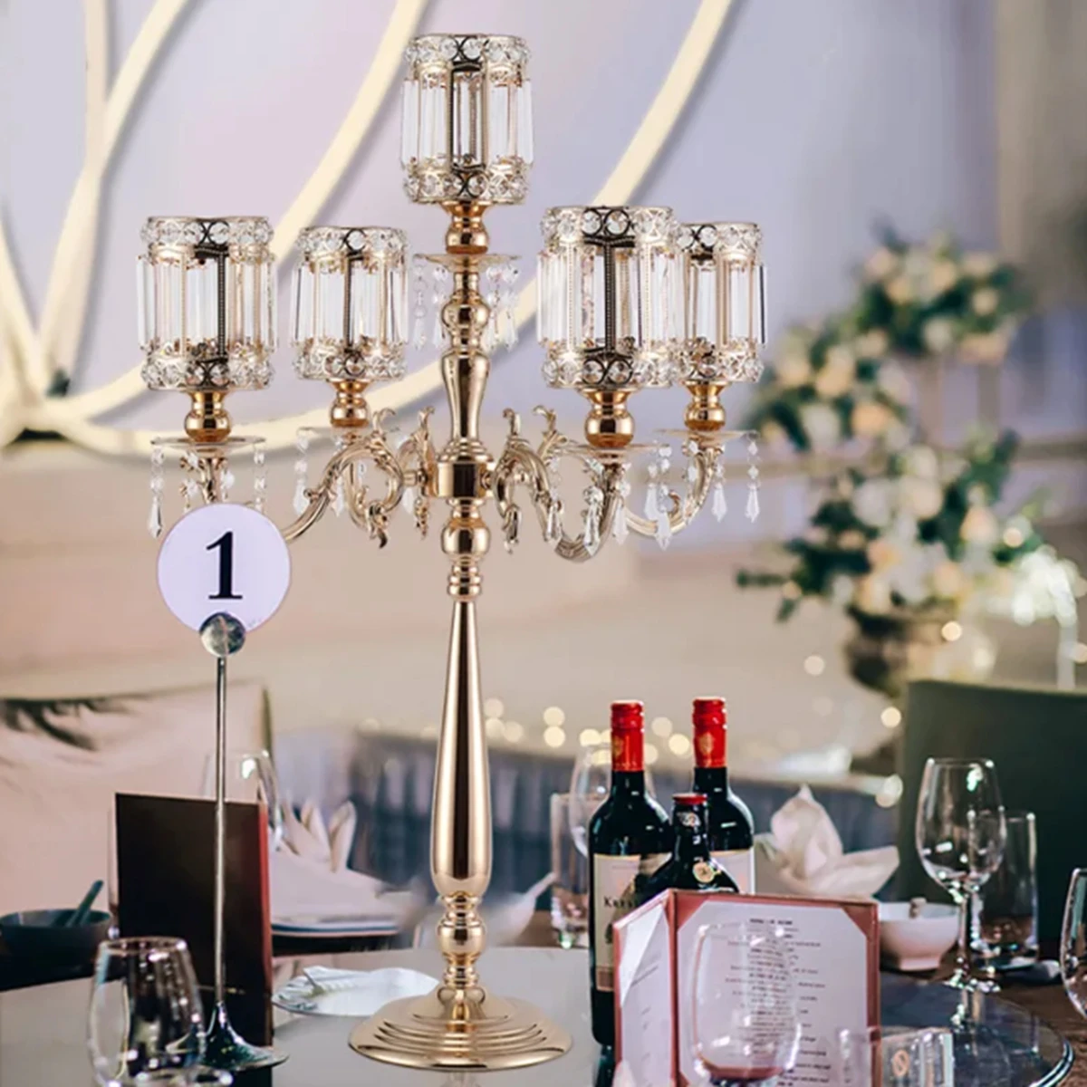 H85cm 100cm 5 arms crystal Metal Candle Holder Candlestick Tall Candelabra Wedding tabletop Decor Pillar Candlestick Decorative