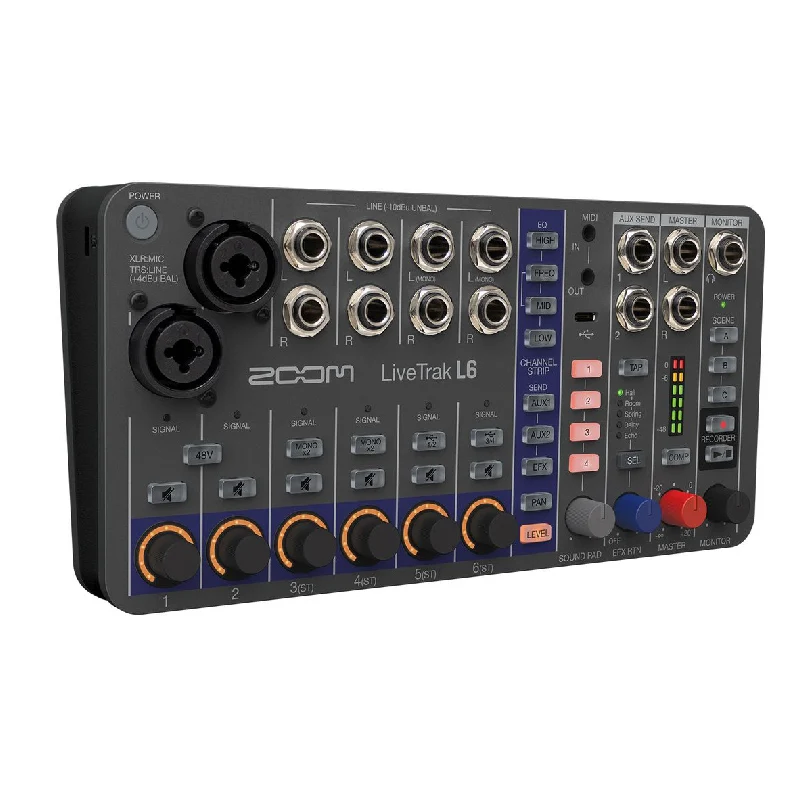 ZOOM LiveTrak L6 디지털 믹서/레코더, 32비트 플로트, 10채널, 2 콤보 + 4 스테레오 입력, MIDI, 효과, 배터리 전원 공급