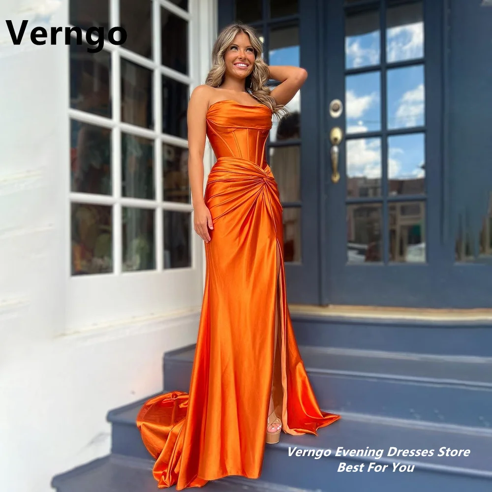 

Verngo Orange Sweetheart Dress For Prom Sleeveless Bone Evening Gown Pleat Long Satin Lace Up Side Slit Sexy Party Dress