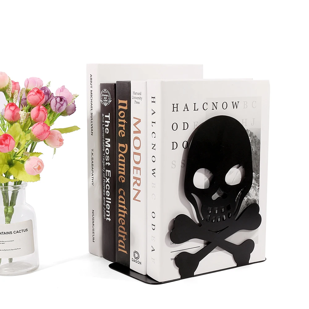 2Pcs Black White Skull Desktop Bookends Office Desktop Book Organizer Home Bookends Iron Book Ends Holder Book rack Stand Shelf 4