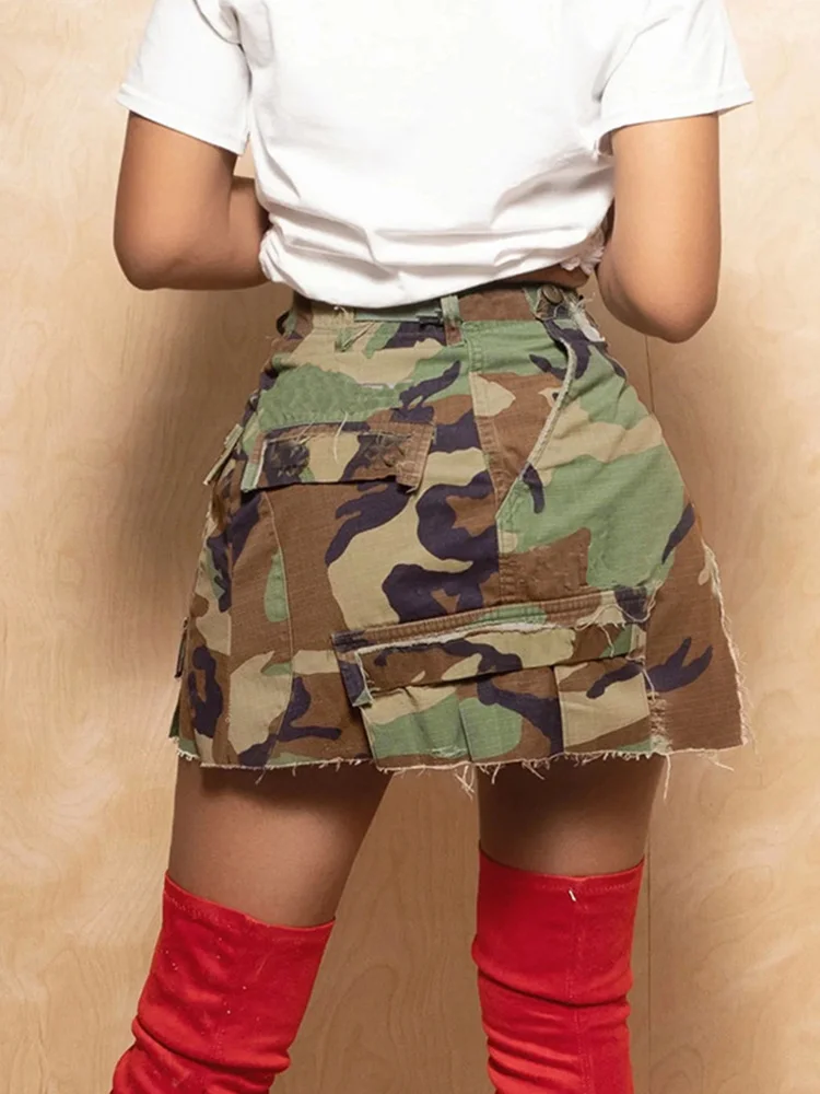 A-line Burr Edge Split High Waist Camouflage Mini Skirt