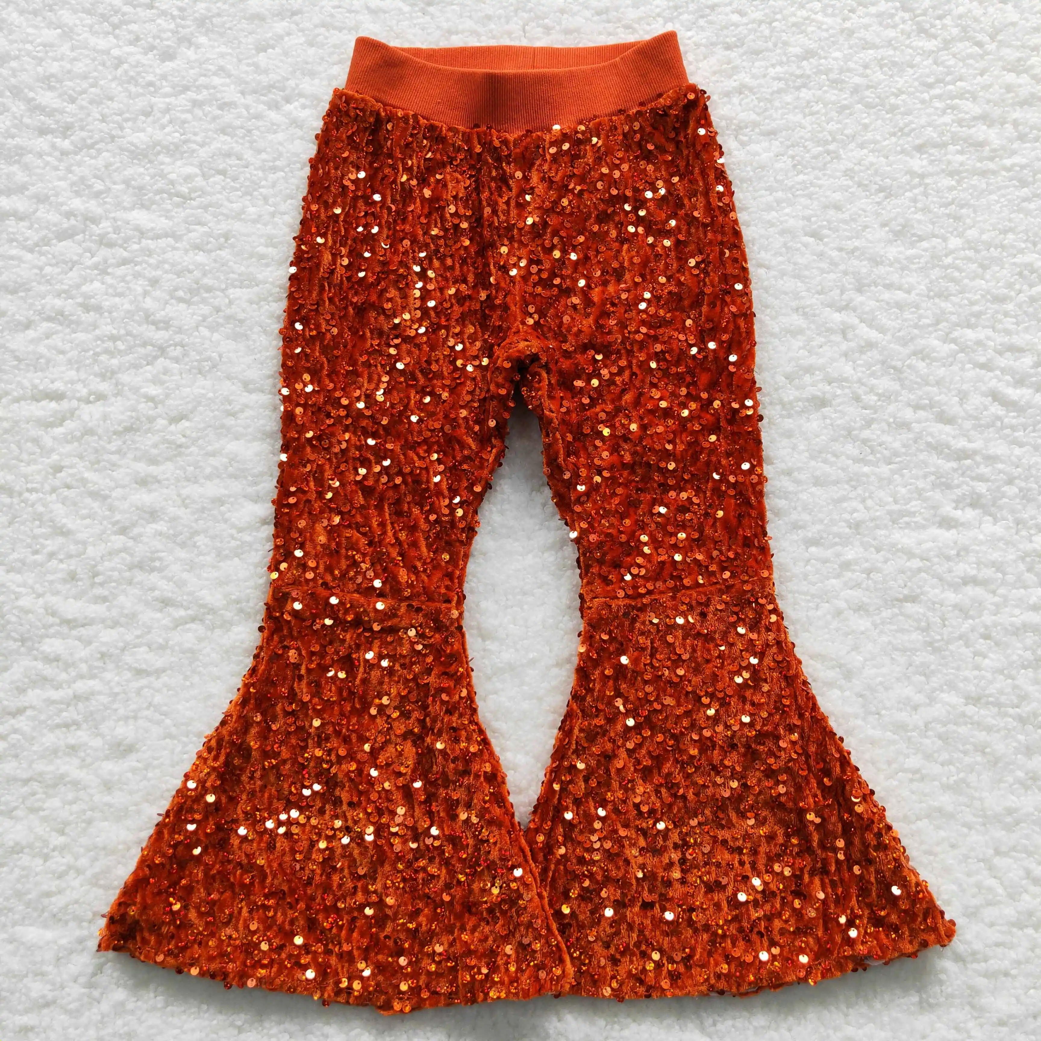 

New Design RTS R​ed-Orange Clothes Children Cotton Fall Trousers Kids Flare Bell Bottoms Little Girls Sequined Pants